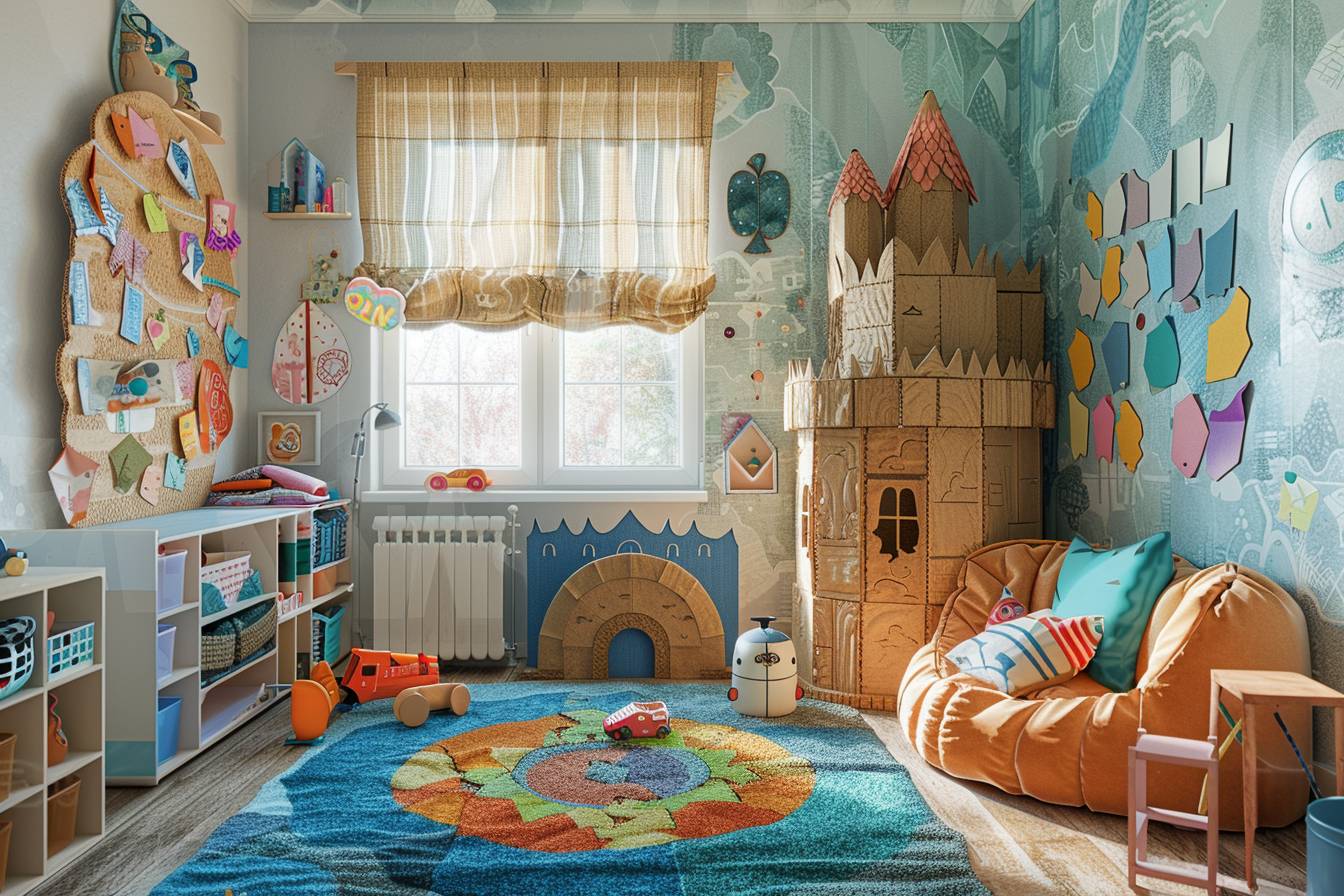 Chambre d'enfant colorée et écologique décorée avec des matériaux recyclés pour stimuler l'imagination